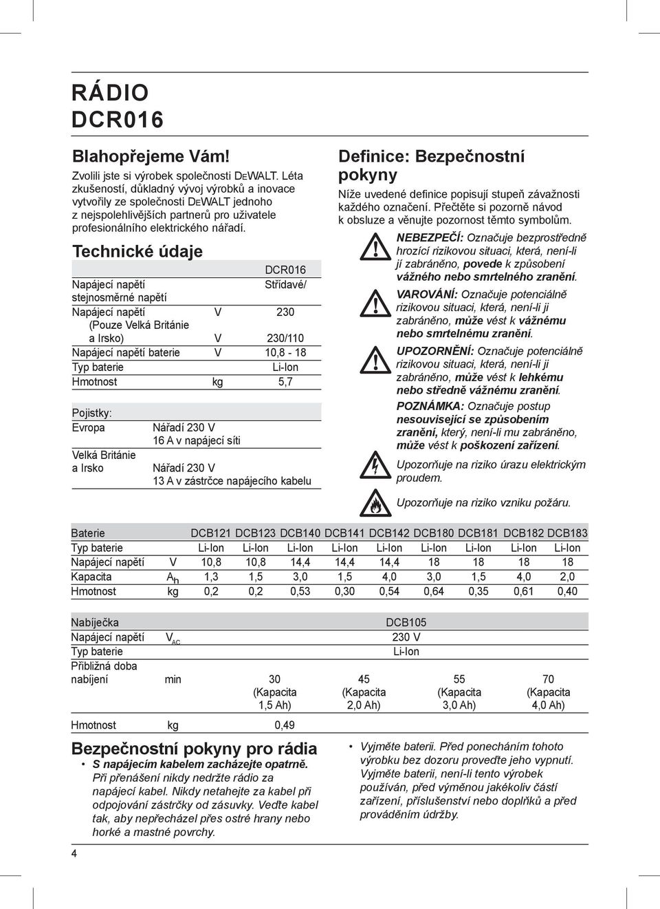 Technické údaje DCR016 Napájecí napětí Střídavé/ stejnosměrné napětí Napájecí napětí V 230 (Pouze Velká Británie a Irsko) V 230/110 Napájecí napětí baterie V 10,8-18 Typ baterie Li-Ion Hmotnost kg
