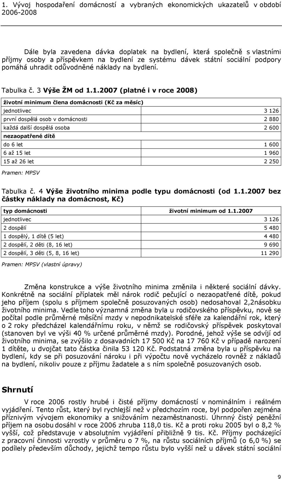 1.2007 (platné i v roce 2008) životní minimum člena (Kč za měsíc) jednotlivec 3 126 první dospělá osob v 2 880 každá další dospělá osoba 2 600 nezaopatřené dítě do 6 let 1 600 6 až 15 let 1 960 15 až