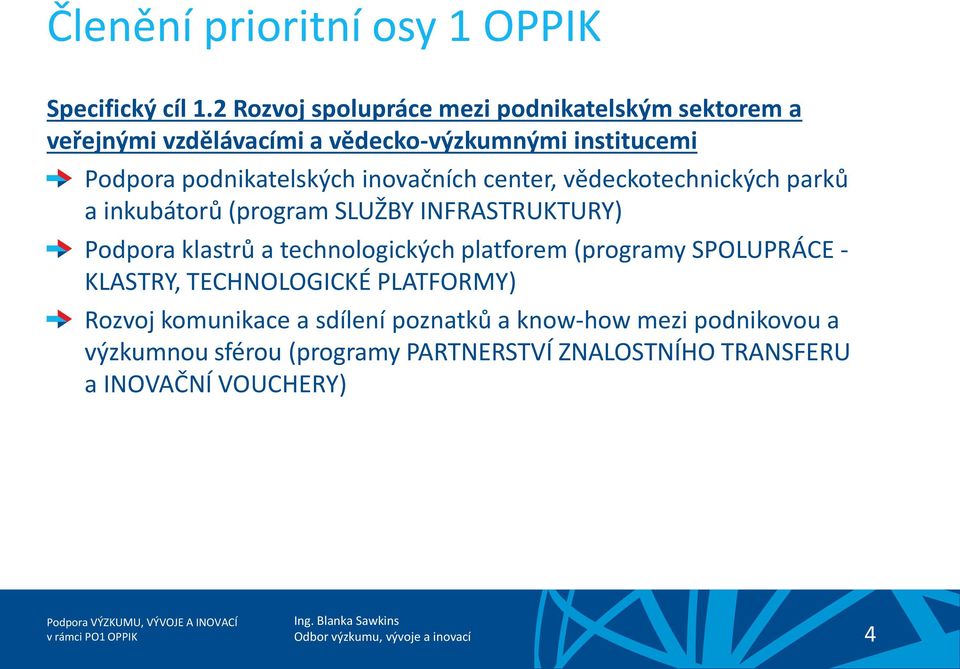 podnikatelských inovačních center, vědeckotechnických parků a inkubátorů (program SLUŽBY INFRASTRUKTURY) Podpora klastrů a