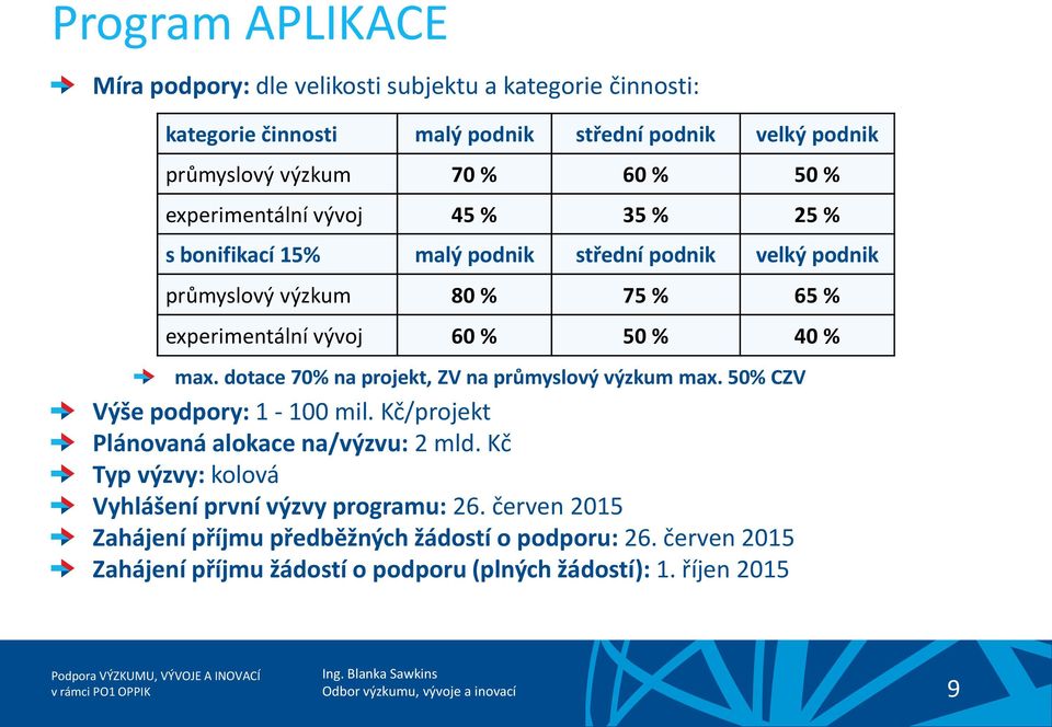 max. dotace 70% na projekt, ZV na průmyslový výzkum max. 50% CZV Výše podpory: 1-100 mil. Kč/projekt Plánovaná alokace na/výzvu: 2 mld.