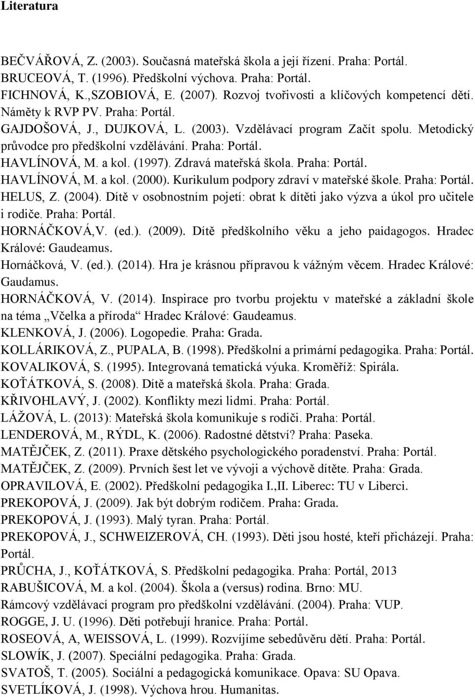 Praha: Portál. HAVLÍNOVÁ, M. a kol. (1997). Zdravá mateřská škola. Praha: Portál. HAVLÍNOVÁ, M. a kol. (2000). Kurikulum podpory zdraví v mateřské škole. Praha: Portál. HELUS, Z. (2004).