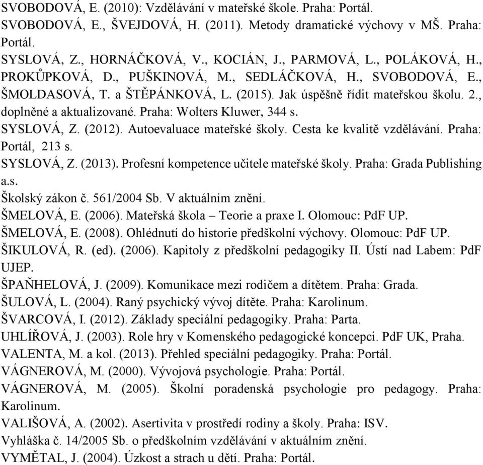 Praha: Wolters Kluwer, 344 s. SYSLOVÁ, Z. (2012). Autoevaluace mateřské školy. Cesta ke kvalitě vzdělávání. Praha: Portál, 213 s. SYSLOVÁ, Z. (2013). Profesní kompetence učitele mateřské školy.