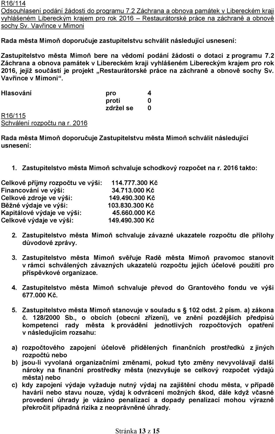 2 Záchrana a obnova památek v Libereckém kraji vyhlášeném Libereckým krajem pro rok 2016, jejíž součástí je projekt Restaurátorské práce na záchraně a obnově sochy Sv. Vavřince v Mimoni.