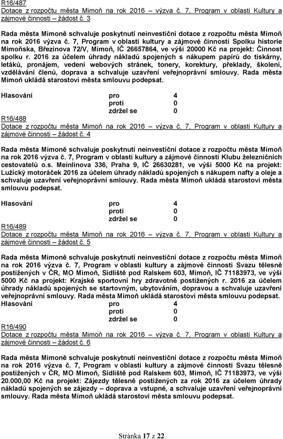 2016 za účelem úhrady nákladů spojených s nákupem papírů do tiskárny, letáků, pronájem, vedení webových stránek, tonery, korektury, překlady, školení, vzdělávání členů, doprava a schvaluje uzavření