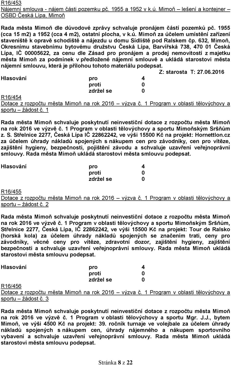 632, Mimoň, Okresnímu stavebnímu bytovému družstvu Česká Lípa, Barvířská 738, 470 01 Česká Lípa, IČ 00005622, za cenu dle Zásad pro pronájem a prodej nemovitostí z majetku města Mimoň za podmínek v