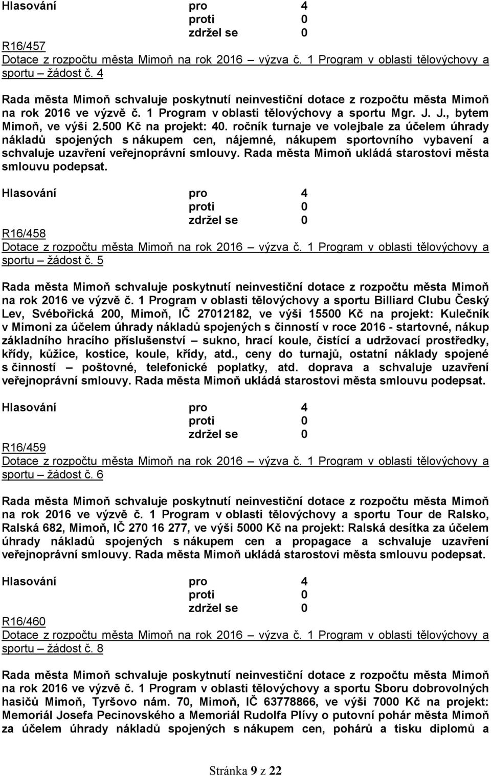 Rada města Mimoň ukládá starostovi města smlouvu podepsat. R16/458 sportu žádost č. 5 na rok 2016 ve výzvě č.