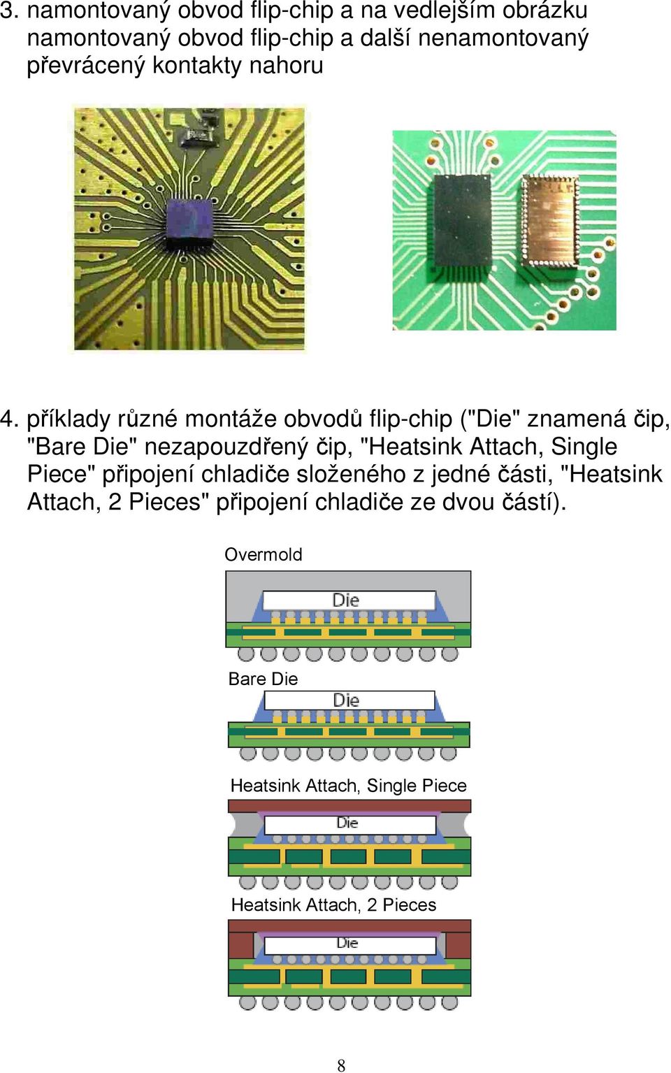 příklady různé montáže obvodů flip-chip ("Die" znamená čip, "Bare Die" nezapouzdřený čip, "Heatsink Attach,