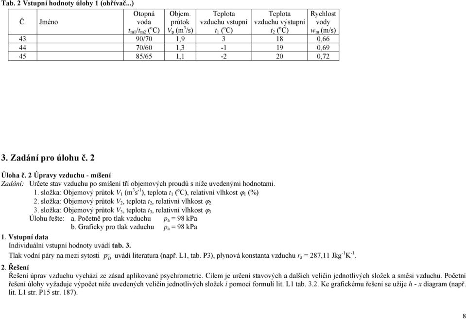 2 Úloha č. 2 Úpravy vzduchu - míšení Zadání: Určete stav vzduchu po smíšení tří objemových proudů s níže uvedenými hodnotami. 1.