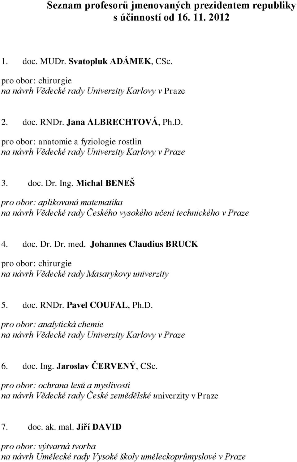 Johannes Claudius BRUCK pro obor: chirurgie 5. doc. RNDr. Pavel COUFAL, Ph.D. pro obor: analytická chemie 6. doc. Ing. Jaroslav ČERVENÝ, CSc.