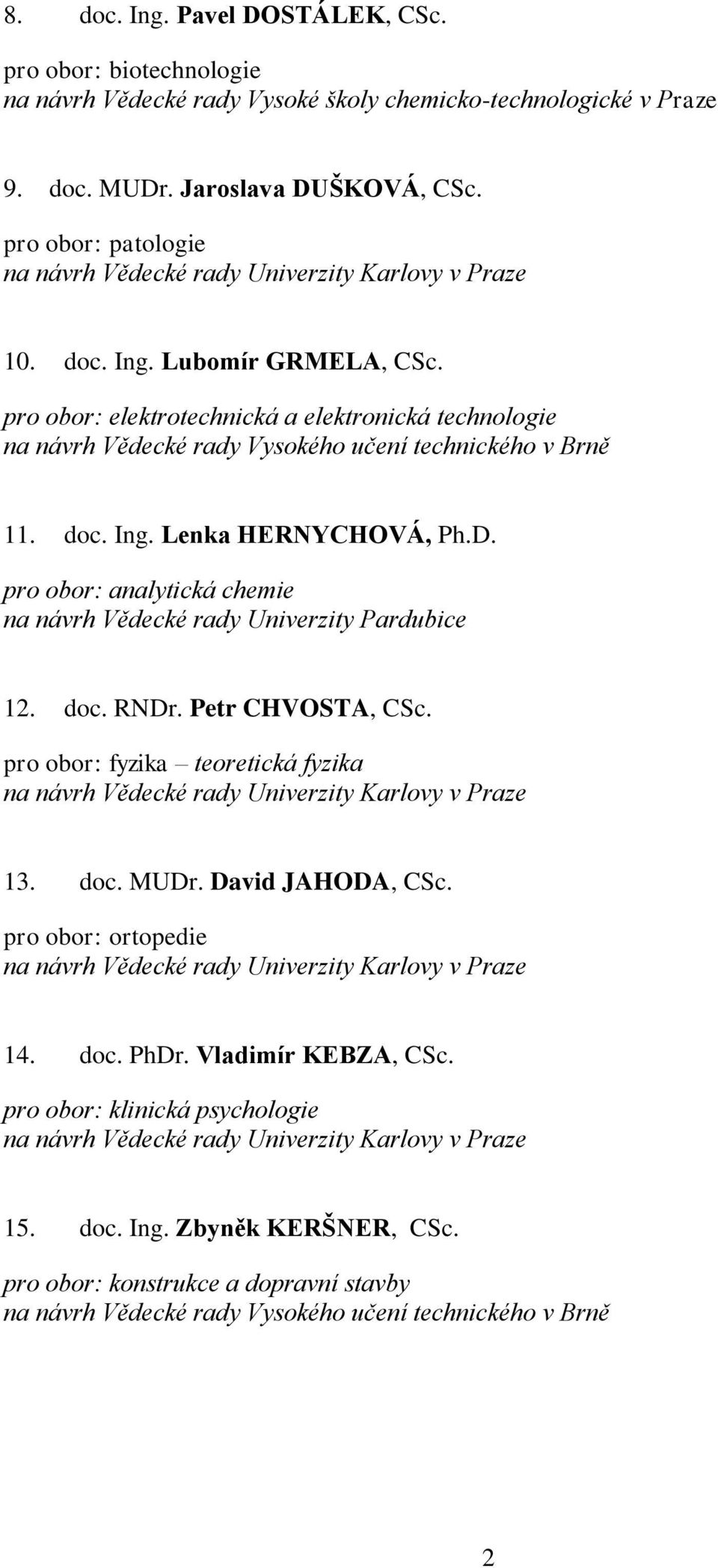 pro obor: analytická chemie na návrh Vědecké rady Univerzity Pardubice 12. doc. RNDr. Petr CHVOSTA, CSc. pro obor: fyzika teoretická fyzika 13. doc. MUDr.