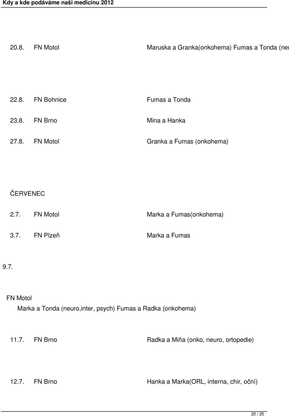 7. Marka a Tonda (neuro,inter, psych) Fumas a Radka (onkohema) 11.7. FN Brno Radka a Miňa (onko, neuro, ortopedie) 12.