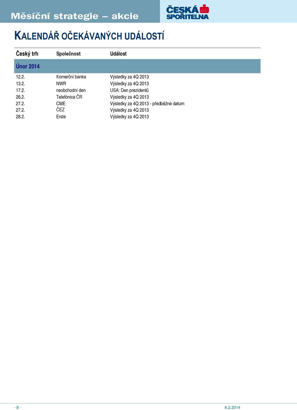2. Telefónica ČR Výsledky za 4Q 2013 27.2. CME Výsledky za 4Q 2013 - předběžné datum 27.