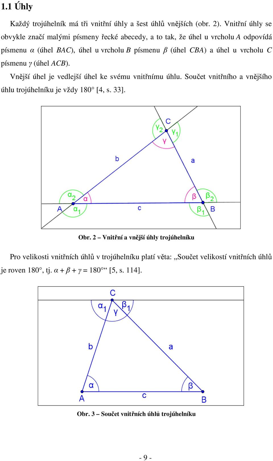 CBA) a úhel u vrcholu C písmenu γ (úhel ACB). Vnější úhel je vedlejší úhel ke svému vnitřnímu úhlu.