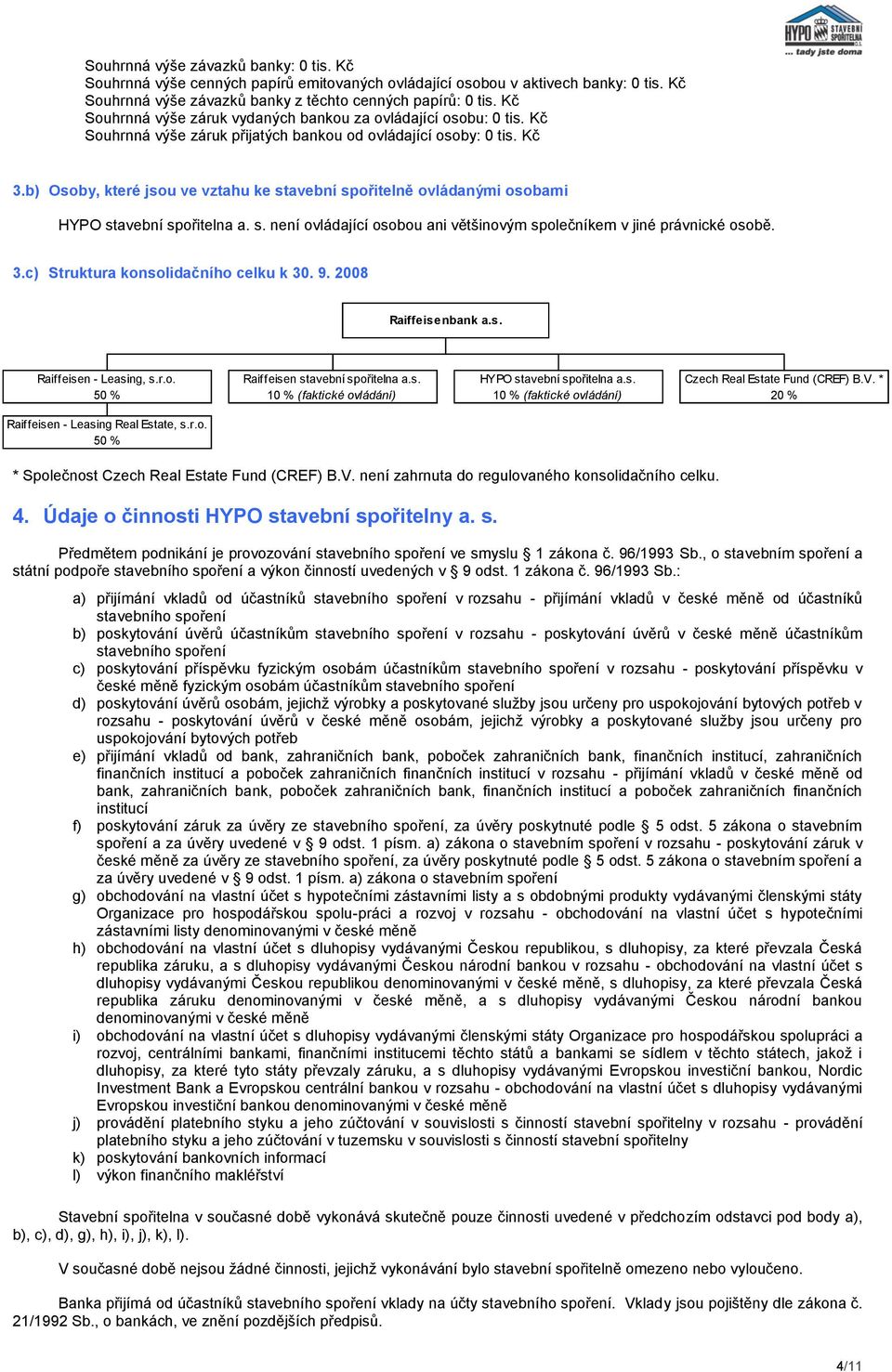 b) Osoby, které jsou ve vztahu ke stavební spořitelně ovládanými osobami HYPO stavební spořitelna a. s. není ovládající osobou ani většinovým společníkem v jiné právnické osobě. 3.
