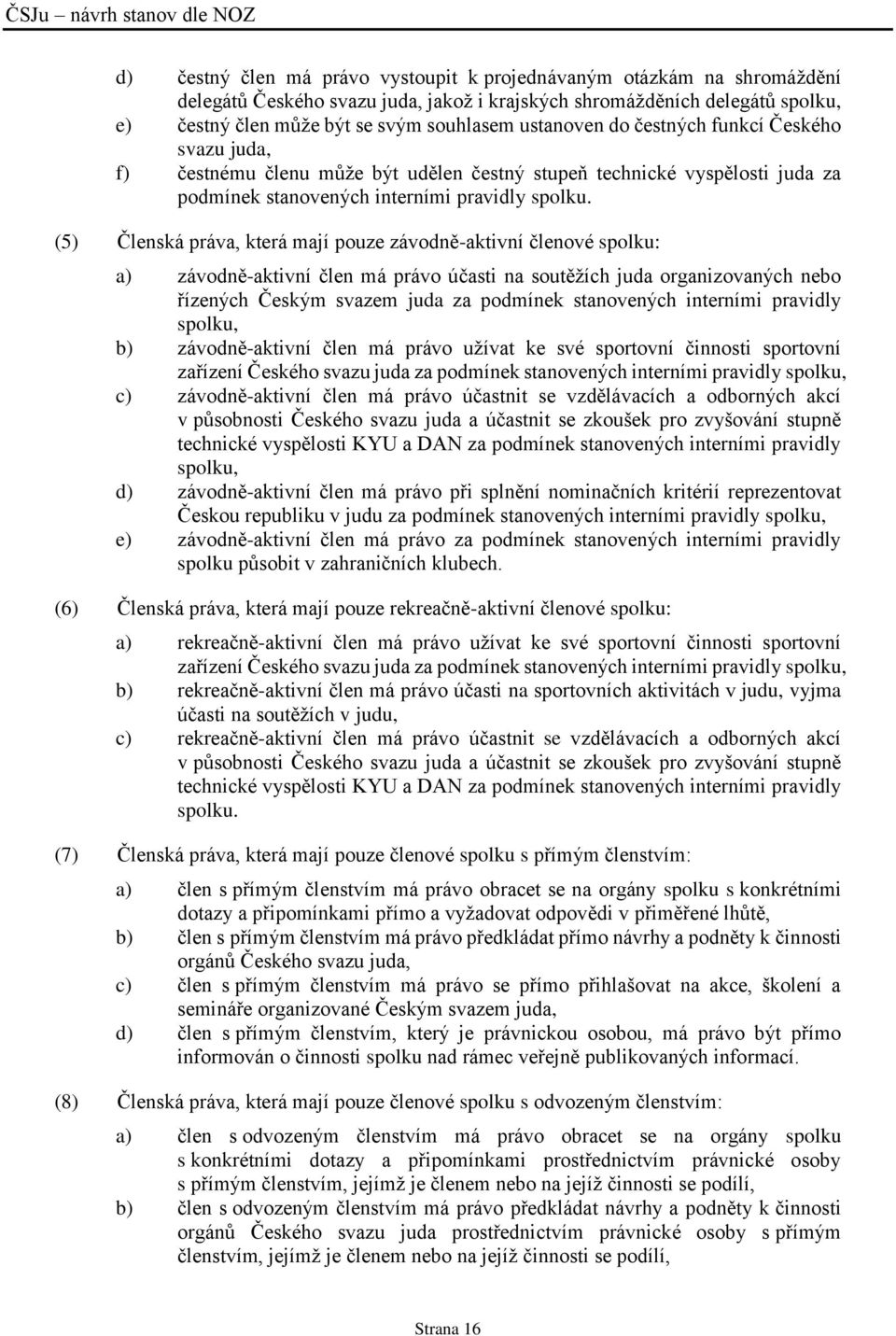 (5) Členská práva, která mají pouze závodně-aktivní členové spolku: a) závodně-aktivní člen má právo účasti na soutěžích juda organizovaných nebo řízených Českým svazem juda za podmínek stanovených