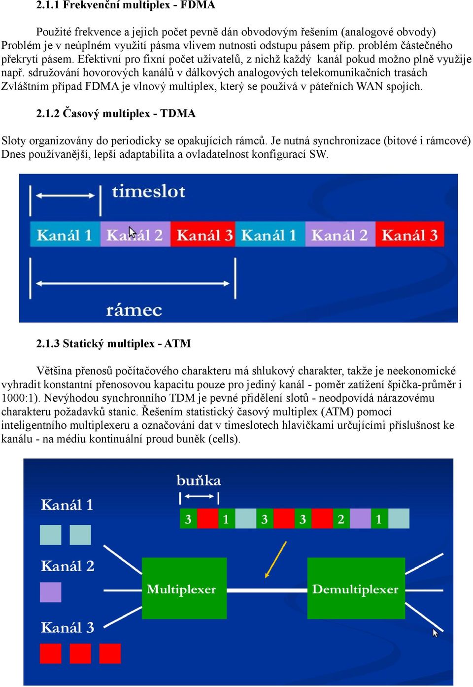 sdružování hovorových kanálů v dálkových analogových telekomunikačních trasách Zvláštním případ FDMA je vlnový multiplex, který se používá v páteřních WAN spojích. 2.1.