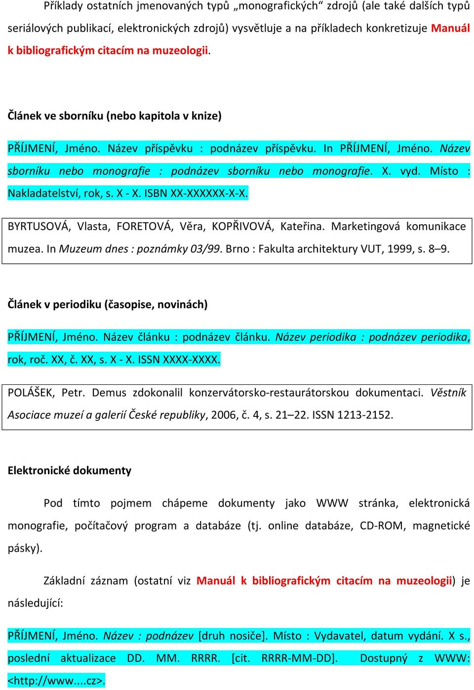 X. vyd. Místo : Nakladatelství, rok, s. X - X. ISBN XX-XXXXXX-X-X. BYRTUSOVÁ, Vlasta, FORETOVÁ, Věra, KOPŘIVOVÁ, Kateřina. Marketingová komunikace muzea. In Muzeum dnes : poznámky 03/99.