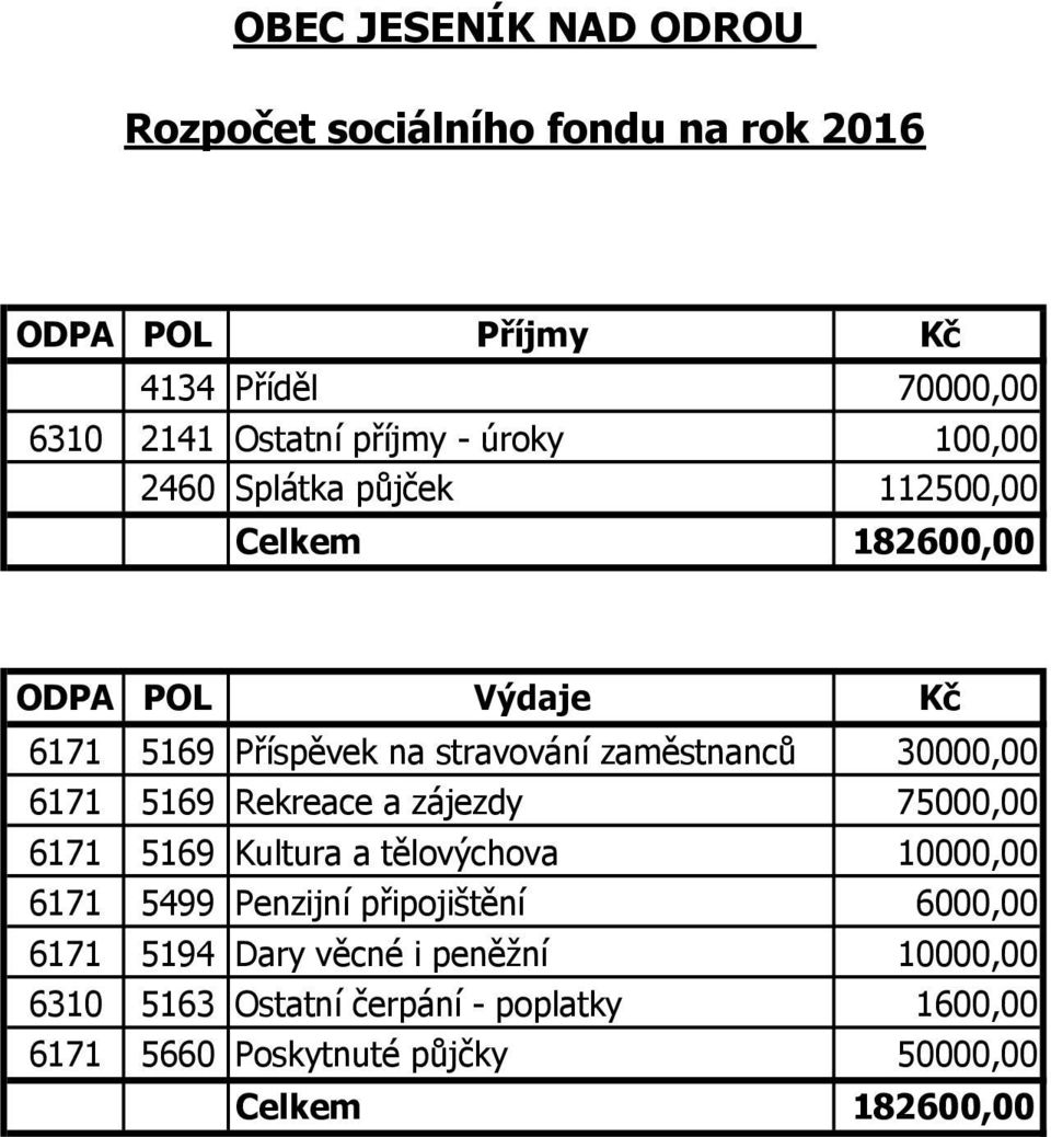 5169 Rekreace a zájezdy 75000,00 6171 5169 Kultura a tělovýchova 10000,00 6171 5499 Penzijní připojištění 6000,00 6171 5194