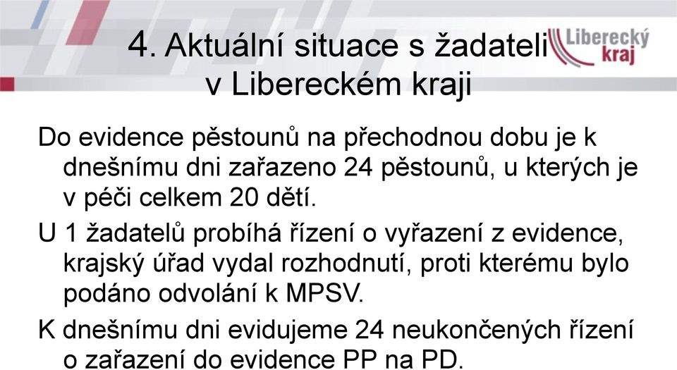 U 1 žadatelů probíhá řízení o vyřazení z evidence, krajský úřad vydal rozhodnutí, proti