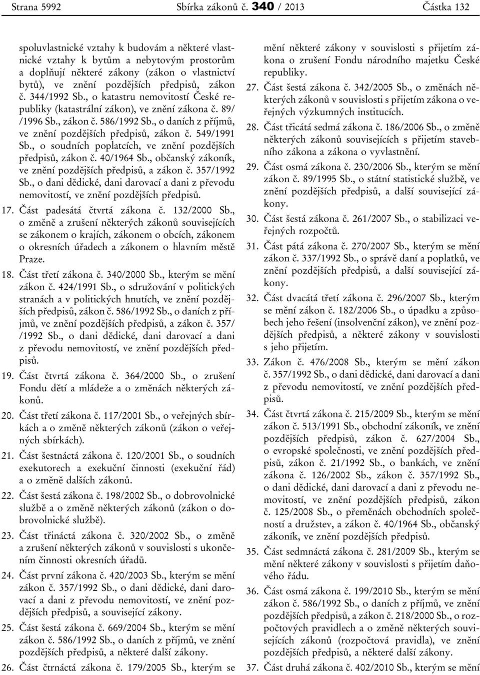 zákon č. 344/1992 Sb., o katastru nemovitostí České republiky (katastrální zákon), ve znění zákona č. 89/ /1996 Sb., zákon č. 586/1992 Sb., o daních z příjmů, ve znění pozdějších předpisů, zákon č.