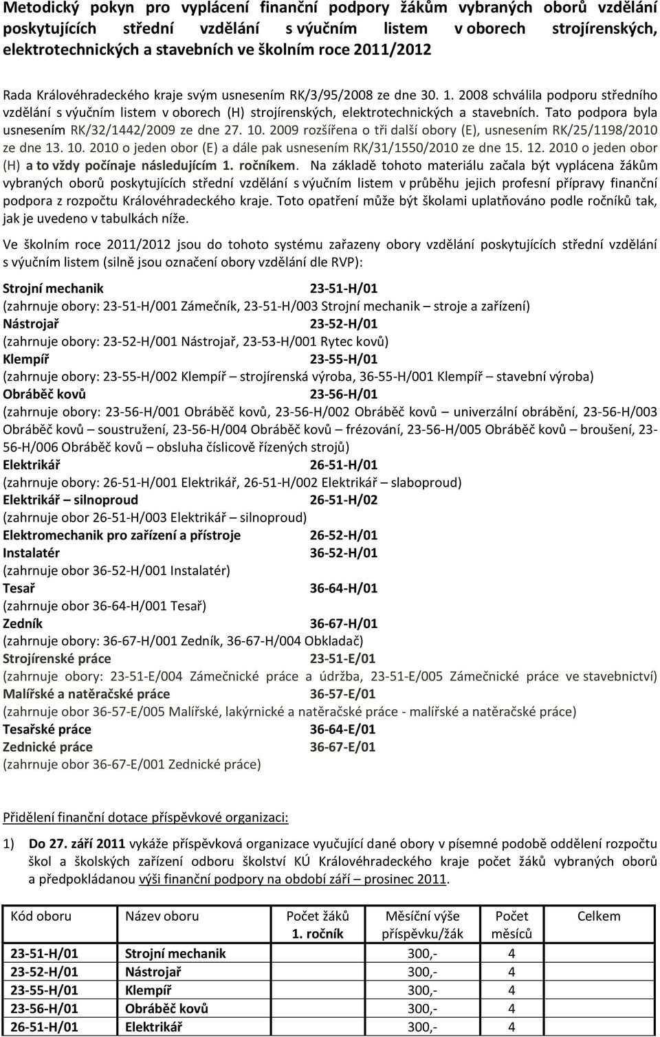 2008 schválila podporu středního vzdělání s výučním listem v oborech (H) strojírenských, elektrotechnických a stavebních. Tato podpora byla usnesením RK/32/1442/2009 ze dne 27. 10.