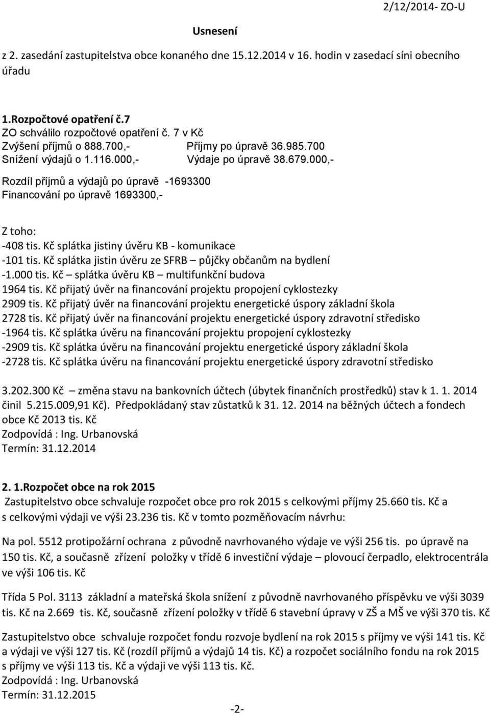 000,- Rozdíl příjmů a výdajů po úpravě -1693300 Financování po úpravě 1693300,- Z toho: -408 tis. Kč splátka jistiny úvěru KB - komunikace -101 tis.