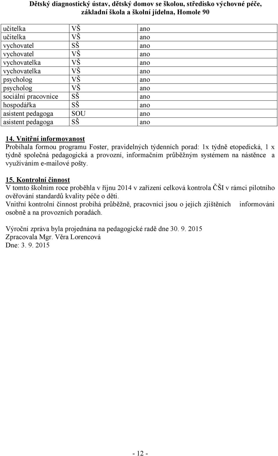 Vnitřní informovanost Probíhala formou programu Foster, pravidelných týdenních porad: 1x týdně etopedická, 1 x týdně společná pedagogická a provozní, informačním průběžným systémem na nástěnce a