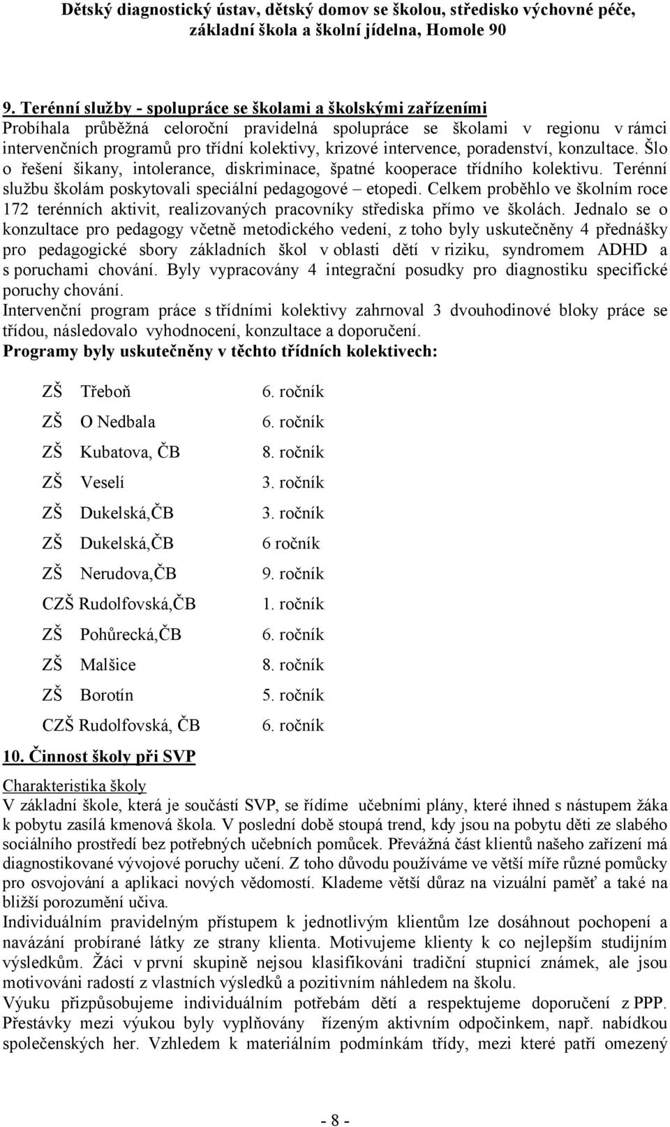 Celkem proběhlo ve školním roce 172 terénních aktivit, realizovaných pracovníky střediska přímo ve školách.