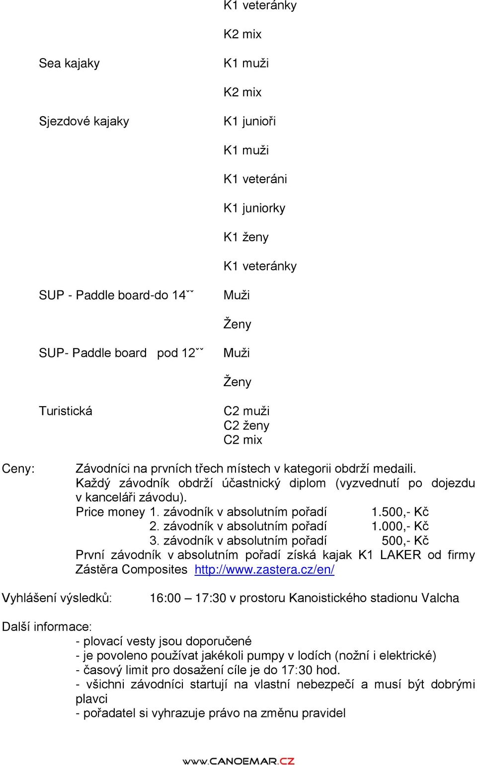 Price money 1. závodník v absolutním pořadí 1.500,- Kč 2. závodník v absolutním pořadí 1.000,- Kč 3.