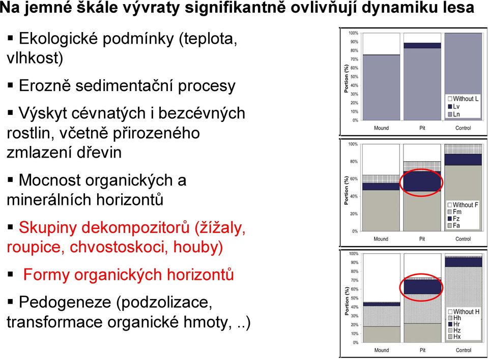 zmlazení dřevin Mocnost organických a minerálních horizontů Skupiny dekompozitorů (žížaly,