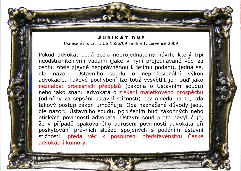 názoru Ústavního soudu o neprofesionální výkon advokacie.