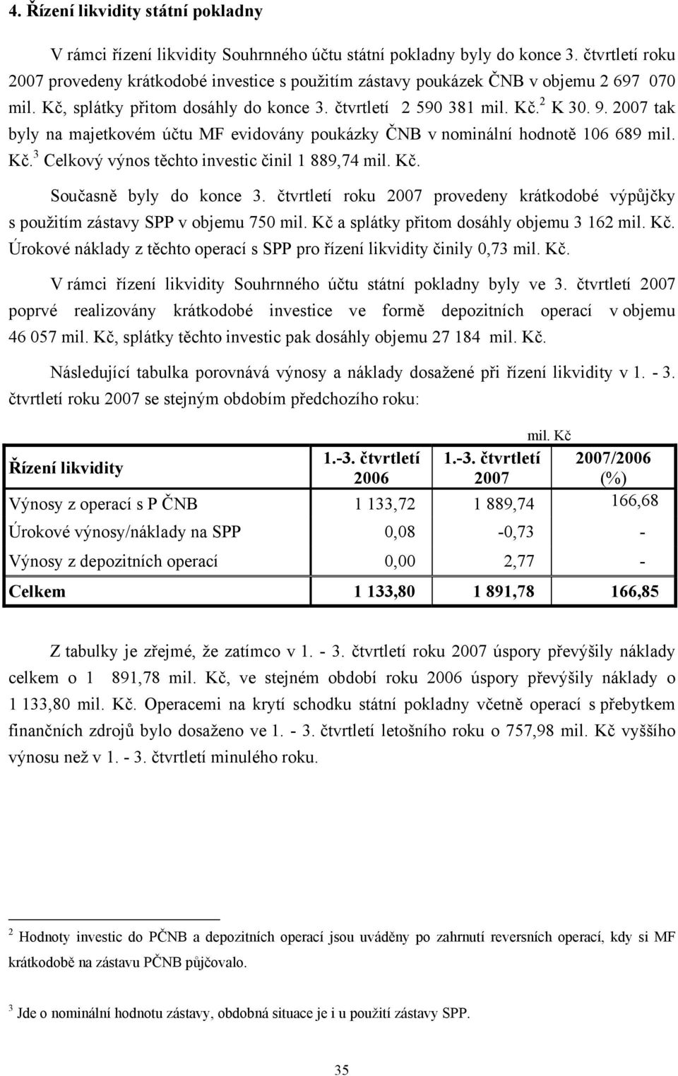 2007 tak byly na majetkovém účtu MF evidovány poukázky ČNB v nominální hodnotě 106 689 mil. Kč. 3 Celkový výnos těchto investic činil 1 889,74 mil. Kč. Současně byly do konce 3.