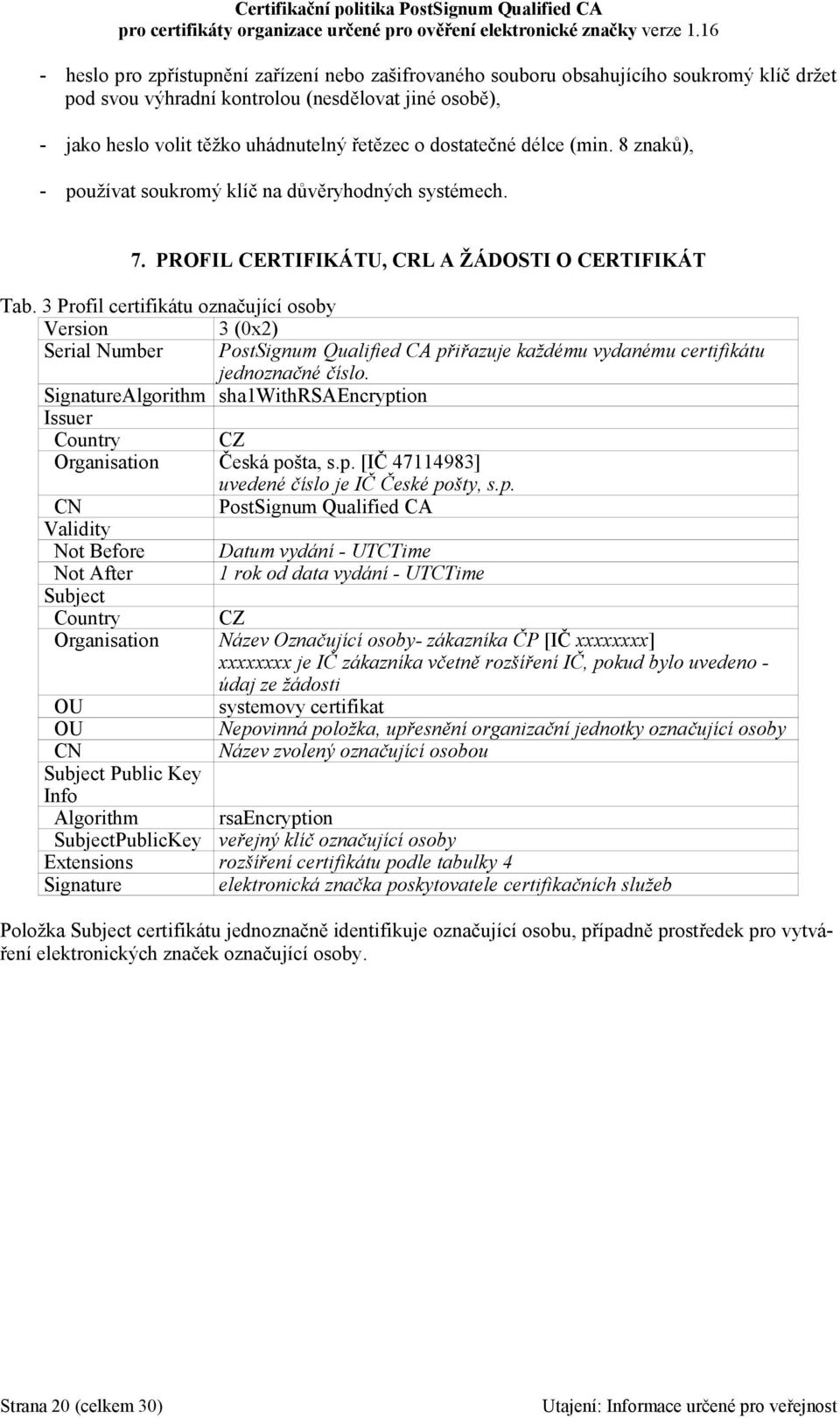 3 Profil certifikátu označující osoby Version 3 (0x2) Serial Number PostSignum Qualified CA přiřazuje každému vydanému certifikátu jednoznačné číslo.