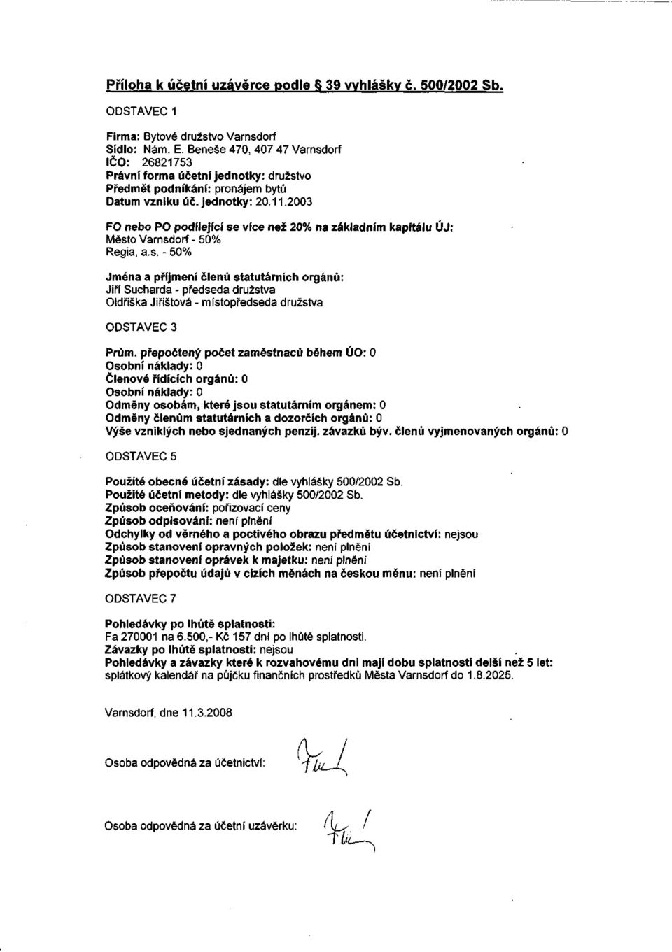 2003 FO neo PO podílející se více než 20% n zákldním kpitálu ÚJ: Město Vrnsdorf - 50% Regi,.s. - 50% Jmén příjmení členů sttutárních orgánů: Jiří Suchrd - předsed družstv Oldřišk Jiřištová - místopředsed družstv ODSTAVE 3 Prům.