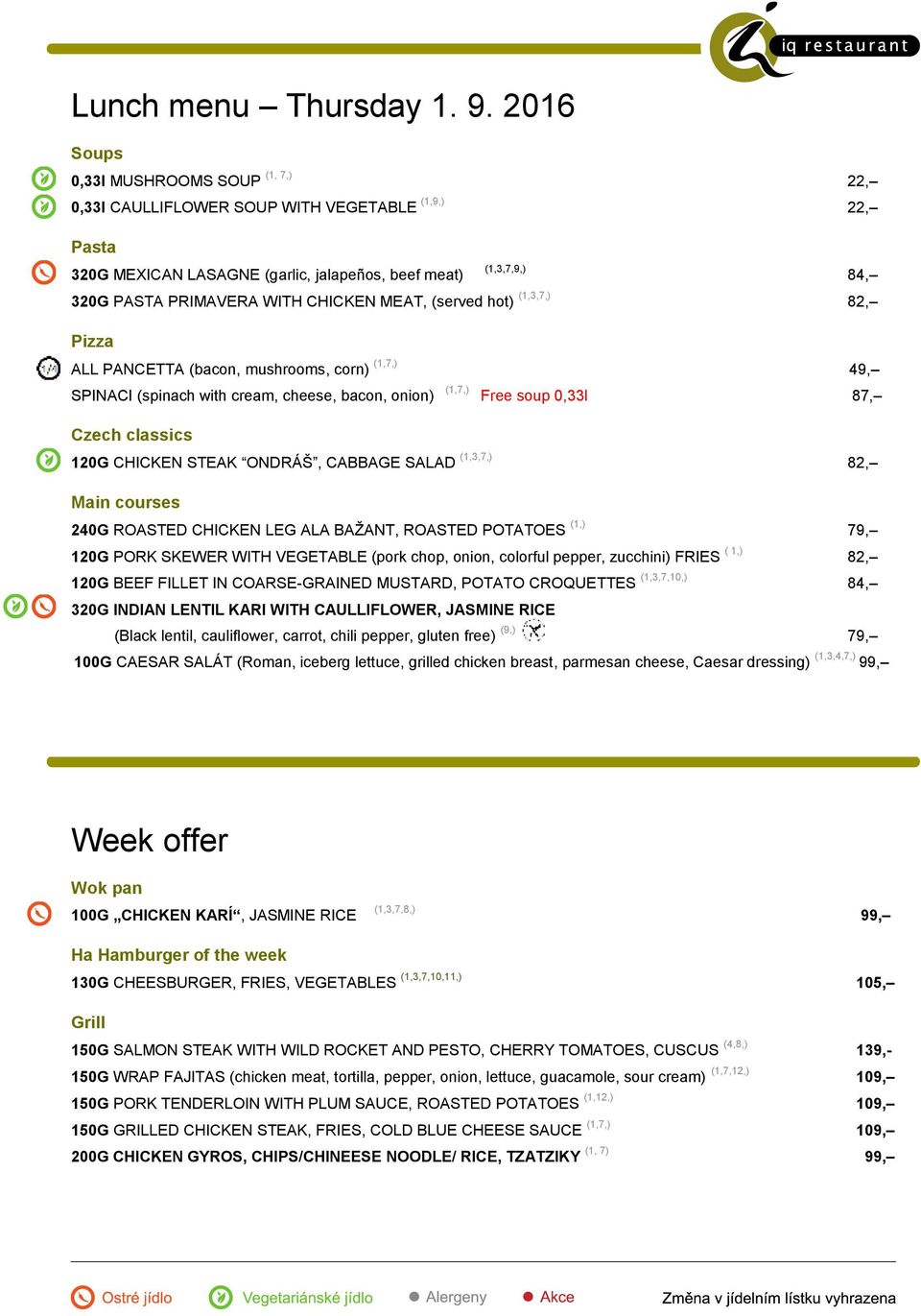 hot) (1,3,7,) 82, ALL PANCETTA (bacon, mushrooms, corn) (1,7,) 49, SPINACI (spinach with cream, cheese, bacon, onion) (1,7,) Free soup 0,33l 87, Czech classics 120G CHICKEN STEAK ONDRÁŠ, CABBAGE