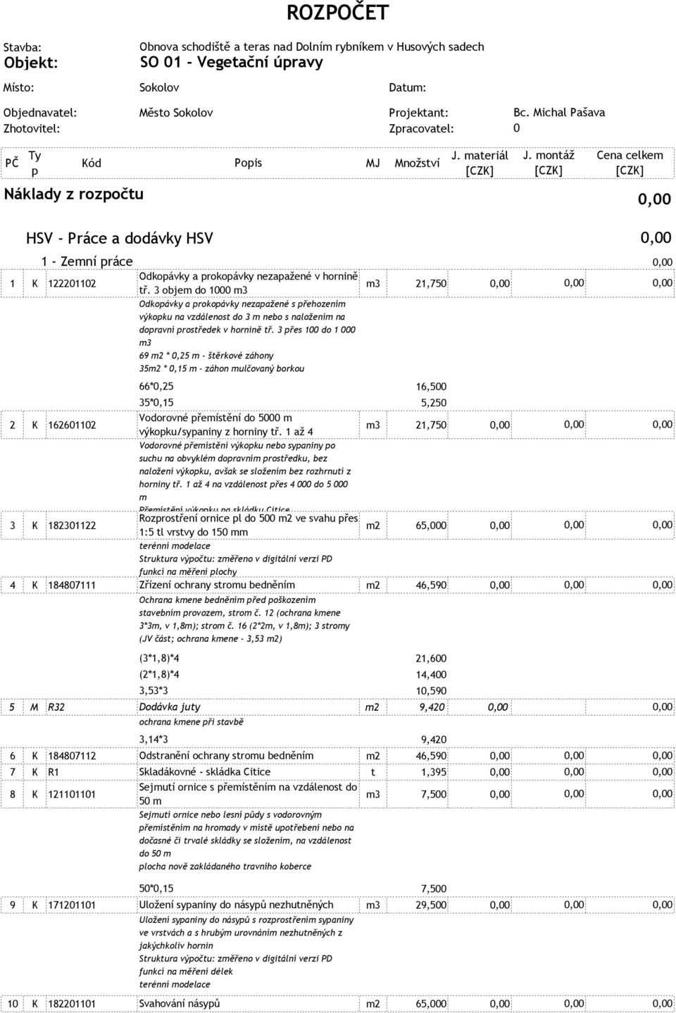 montáž Cena celkem Náklady z rozpočtu HSV - Práce a dodávky HSV 1 - Zemní práce 1 K 122201102 Odkopávky a prokopávky nezapažené v hornině m3 tř.