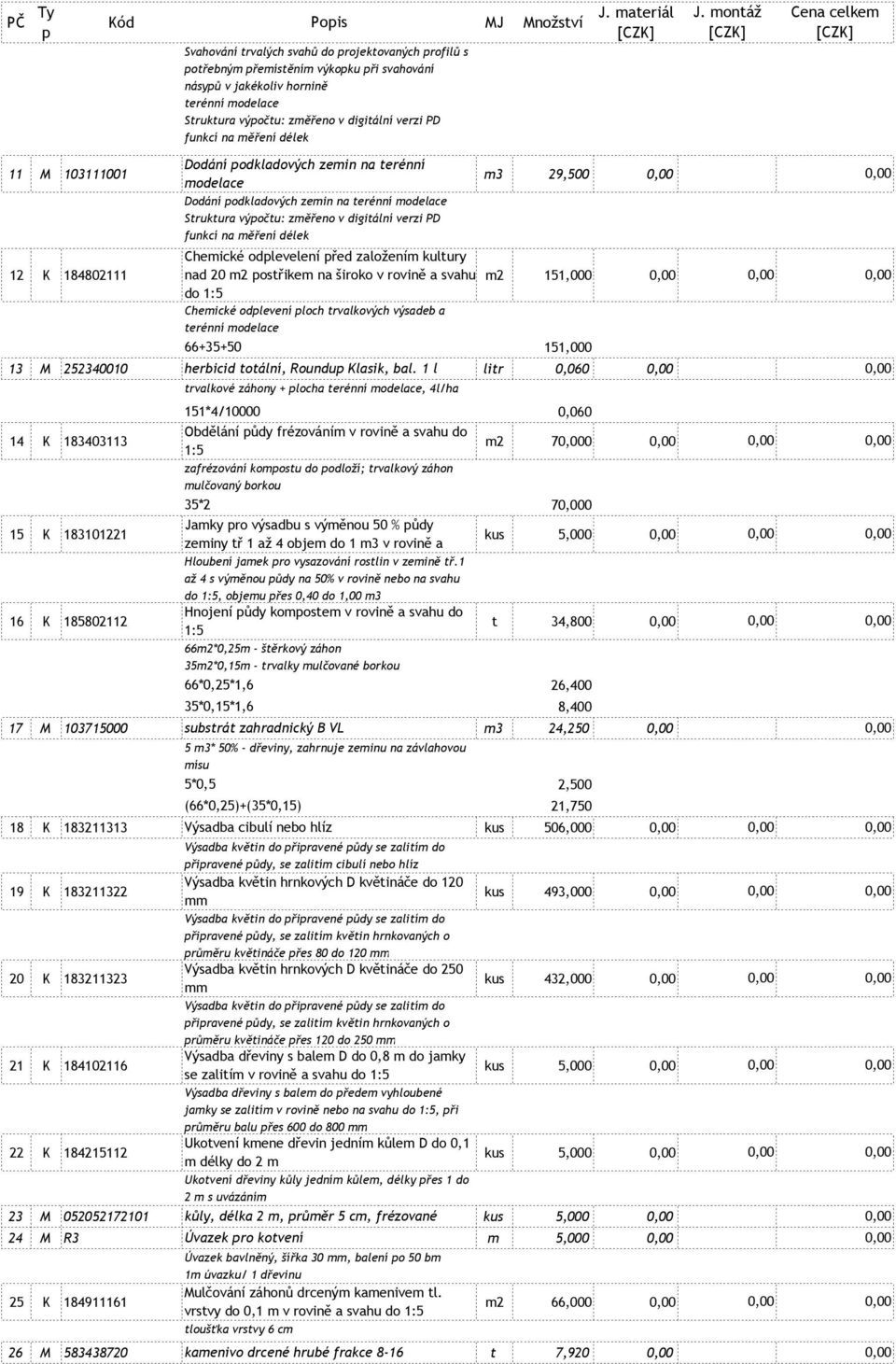 montáž Cena celkem 11 M 103111001 Dodání podkladových zemin na terénní modelace m3 29,500 Dodání podkladových zemin na terénní modelace Struktura výpočtu: změřeno v digitální verzi PD funkcí na