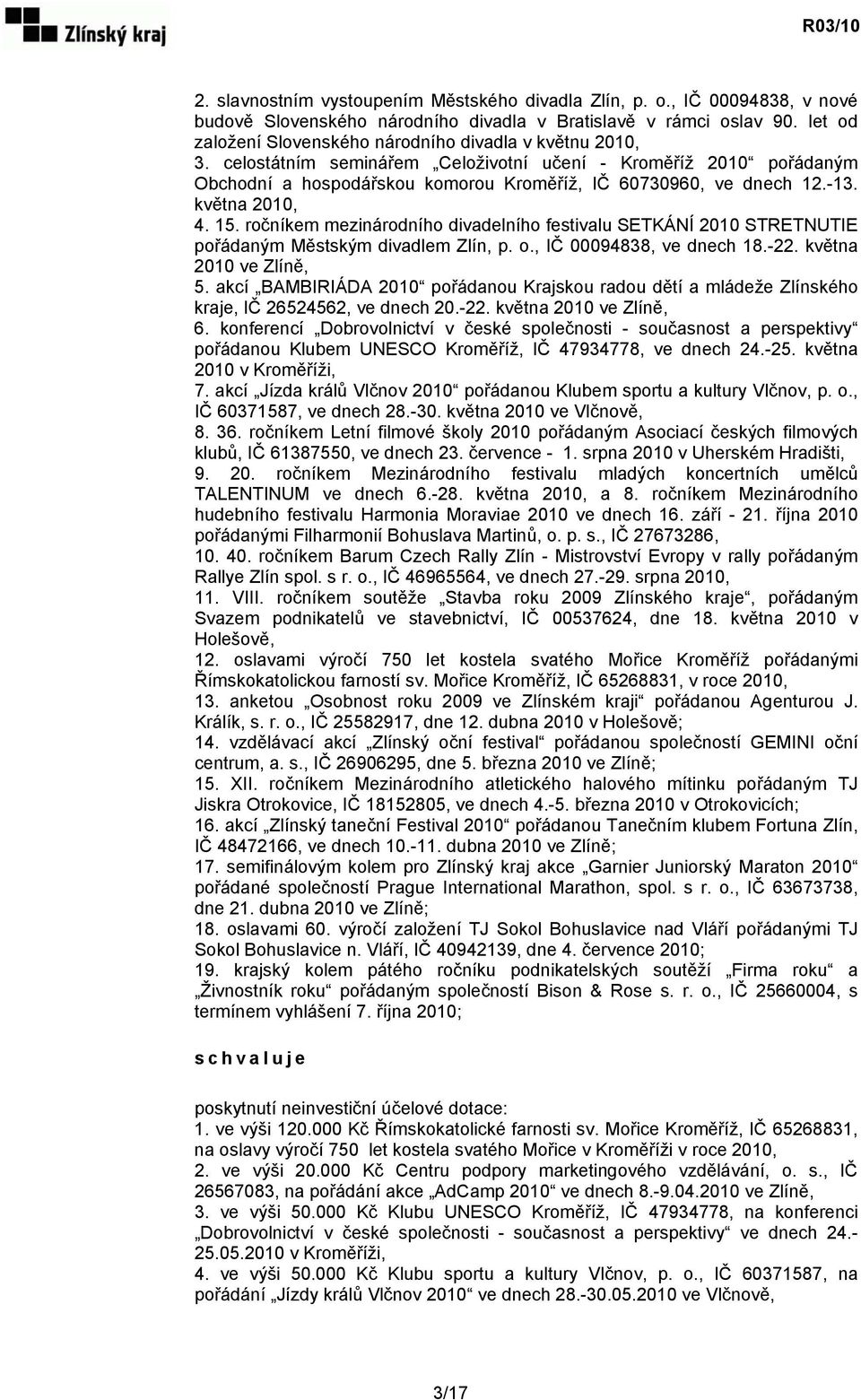 -13. května 2010, 4. 15. ročníkem mezinárodního divadelního festivalu SETKÁNÍ 2010 STRETNUTIE pořádaným Městským divadlem Zlín, p. o., IČ 00094838, ve dnech 18.-22. května 2010 ve Zlíně, 5.