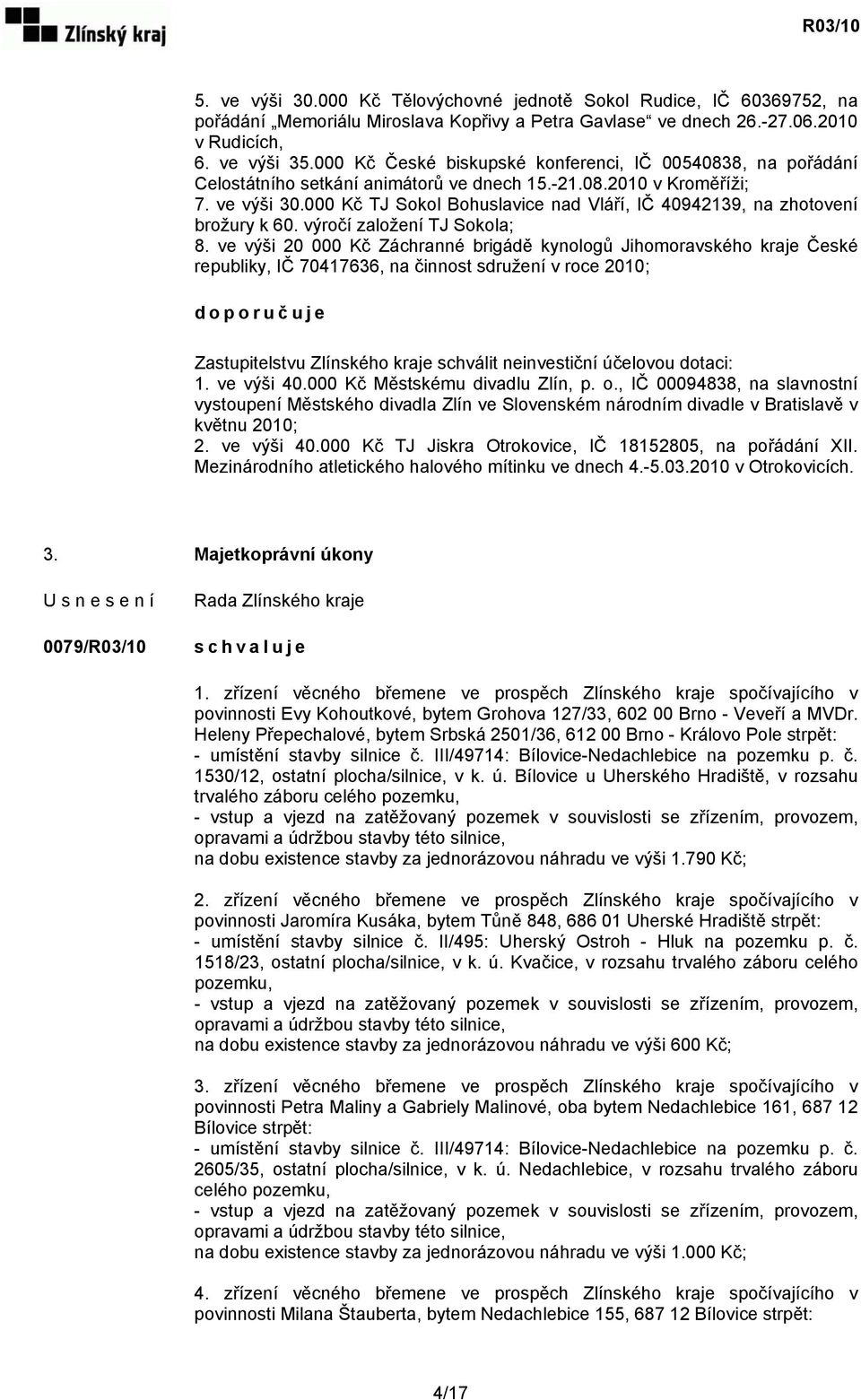 000 Kč TJ Sokol Bohuslavice nad Vláří, IČ 40942139, na zhotovení brožury k 60. výročí založení TJ Sokola; 8.