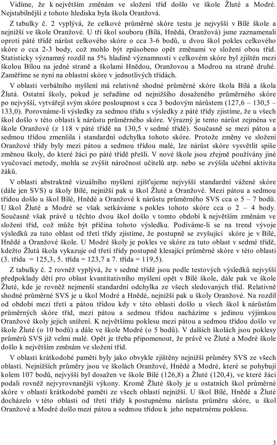 U tří škol souboru (Bílá, Hnědá, Oranžová) jsme zaznamenali oproti páté třídě nárůst celkového skóre o cca 3-6 bodů, u dvou škol pokles celkového skóre o cca 2-3 body, což mohlo být způsobeno opět