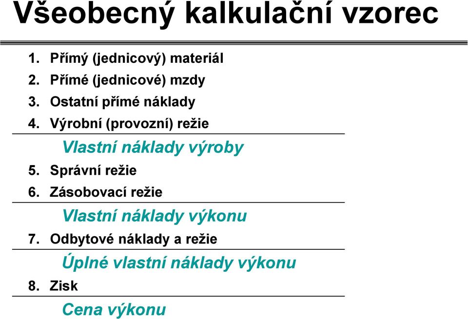 Výrobní (provozní) režie Vlastní náklady výroby 5. Správní režie 6.