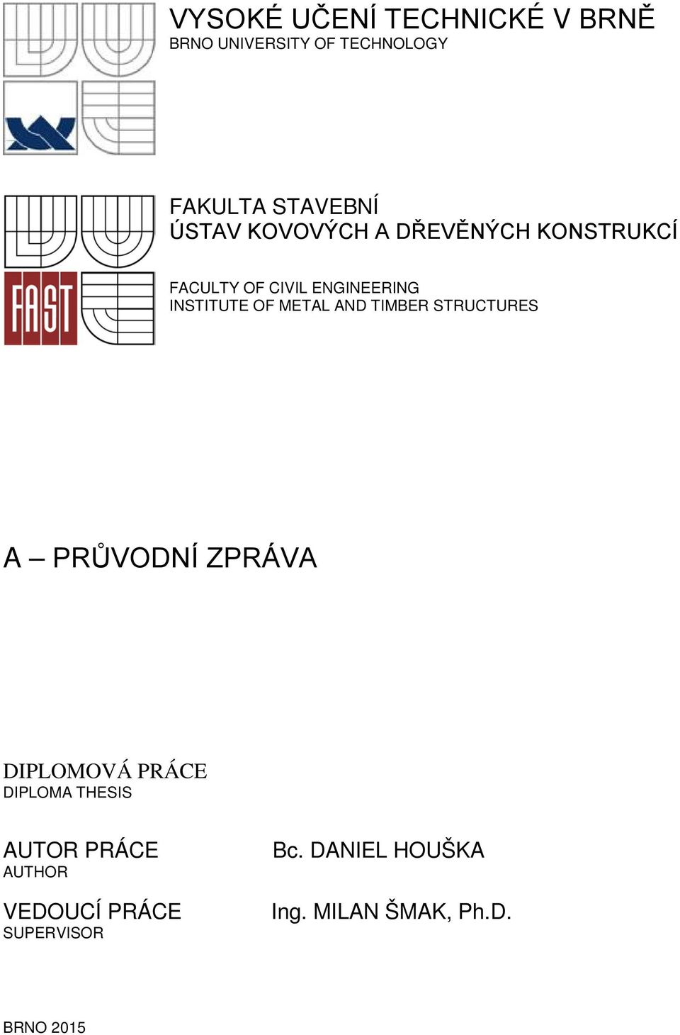 METAL AND TIMBER STRUCTURES A PRŮVODNÍ ZPRÁVA DIPLOMOVÁ PRÁCE DIPLOMA THESIS