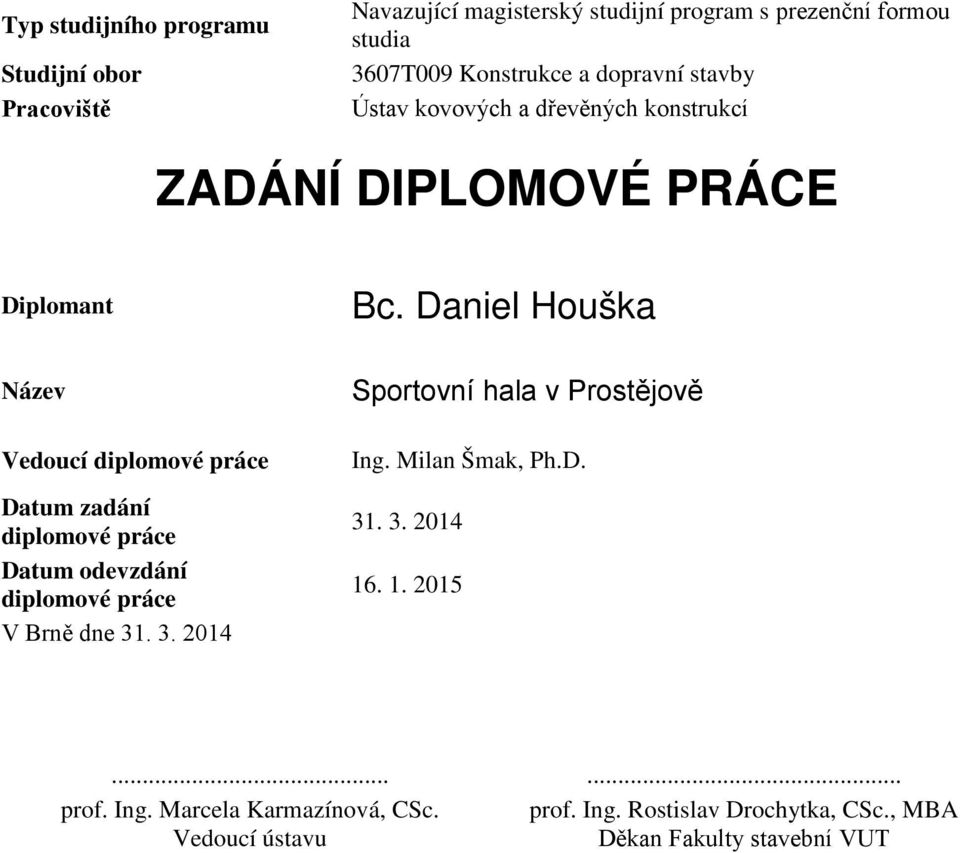 Daniel Houška Název Vedoucí diplomové práce Datum zadání diplomové práce Datum odevzdání diplomové práce V Brně dne 31