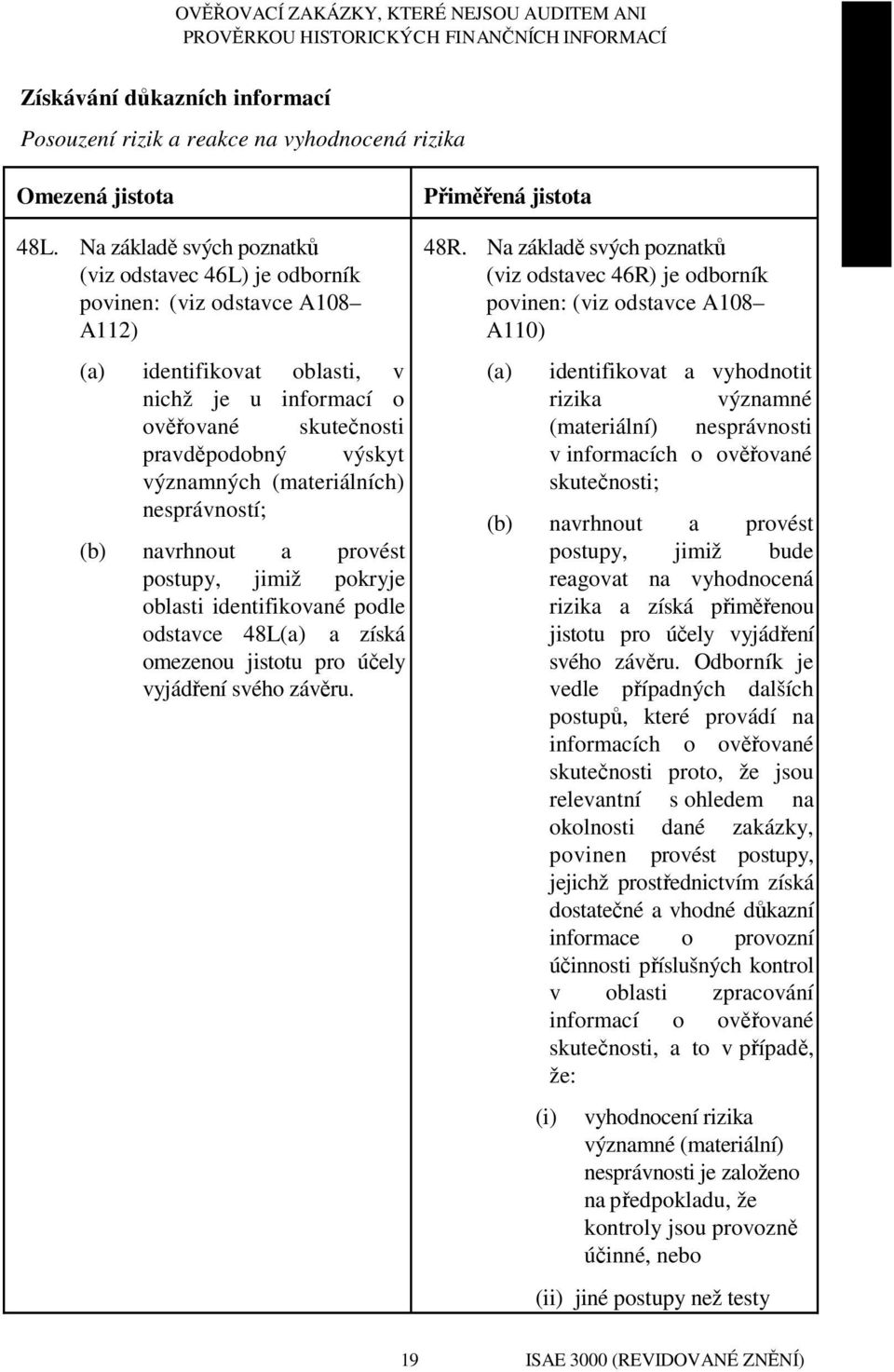 (materiálních) nesprávností; navrhnout a provést postupy, jimiž pokryje oblasti identifikované podle odstavce 48L a získá omezenou jistotu pro účely vyjádření svého závěru. Přiměřená jistota 48R.