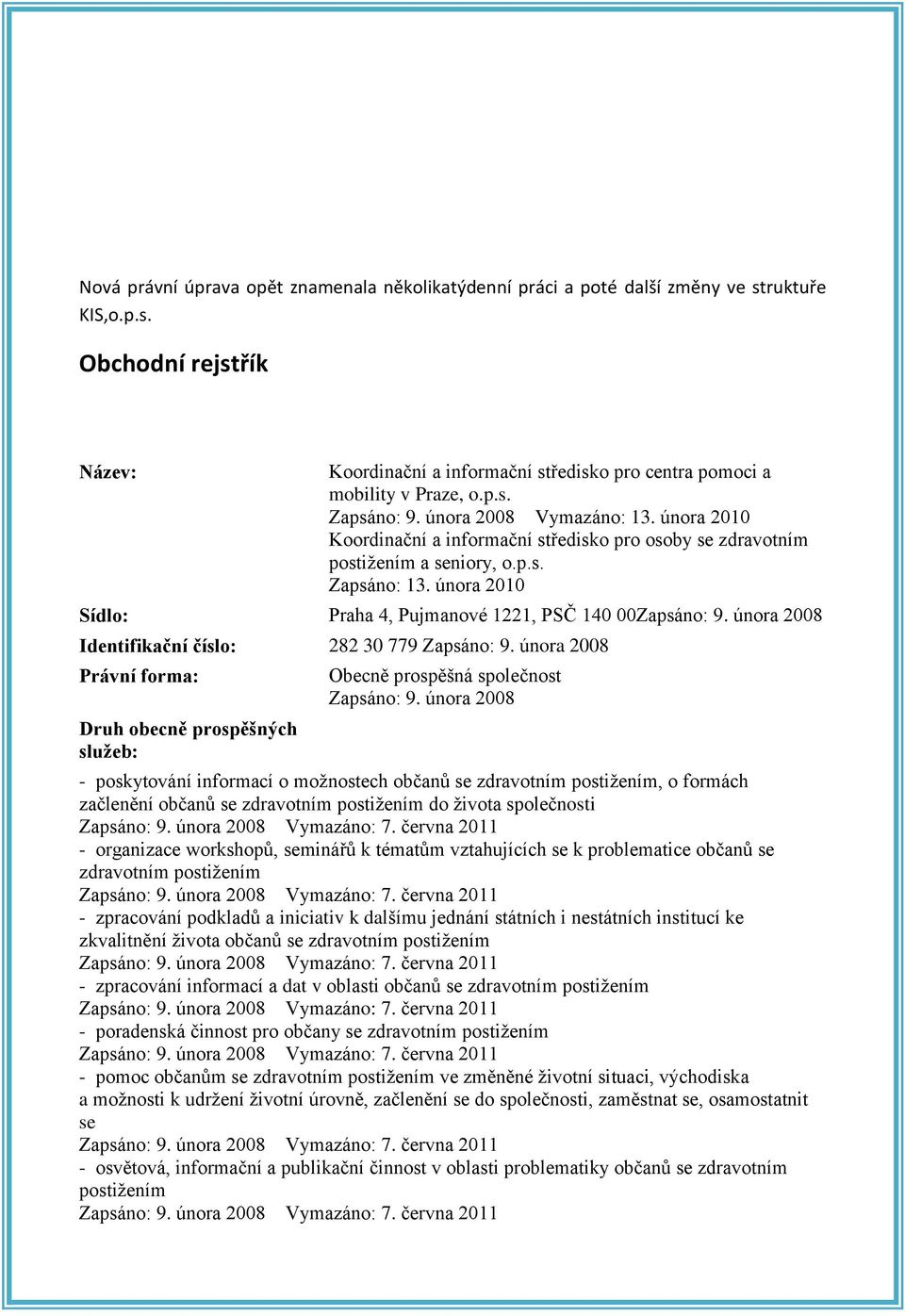 února 2010 Sídlo: Praha 4, Pujmanové 1221, PSČ 140 00Zapsáno: 9. února 2008 Identifikační číslo: 282 30 779 Zapsáno: 9.