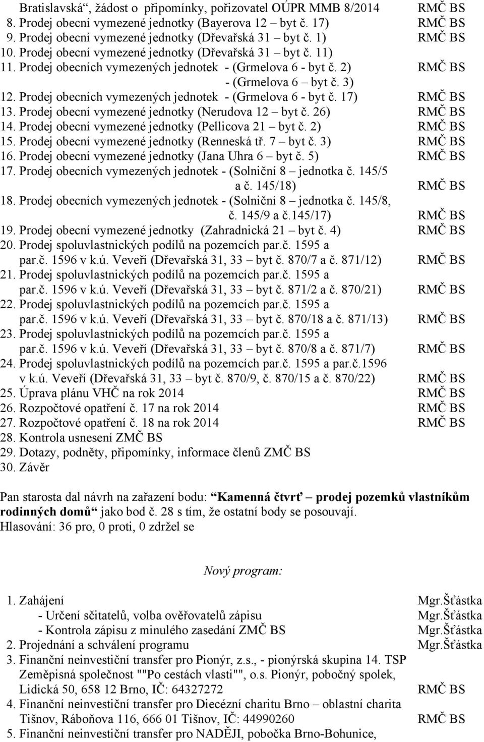 Prodej obecních vymezených jednotek - (Grmelova 6 - byt č. 17) RMČ BS 13. Prodej obecní vymezené jednotky (Nerudova 12 byt č. 26) RMČ BS 14. Prodej obecní vymezené jednotky (Pellicova 21 byt č.