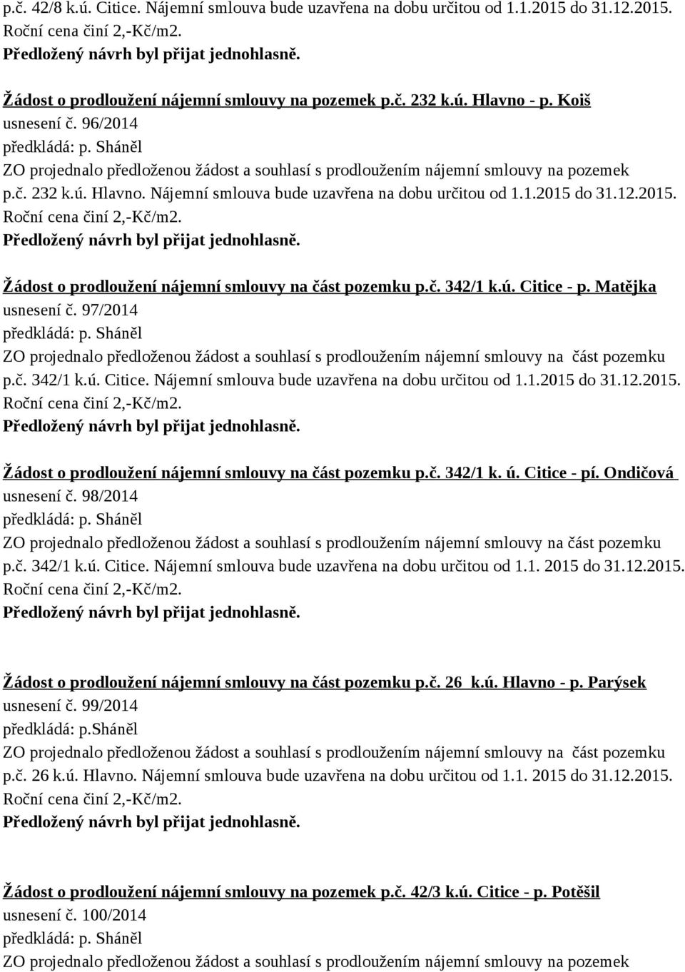 do 31.12.2015. Žádost o prodloužení nájemní smlouvy na část pozemku p.č. 342/1 k.ú. Citice - p. Matějka usnesení č.