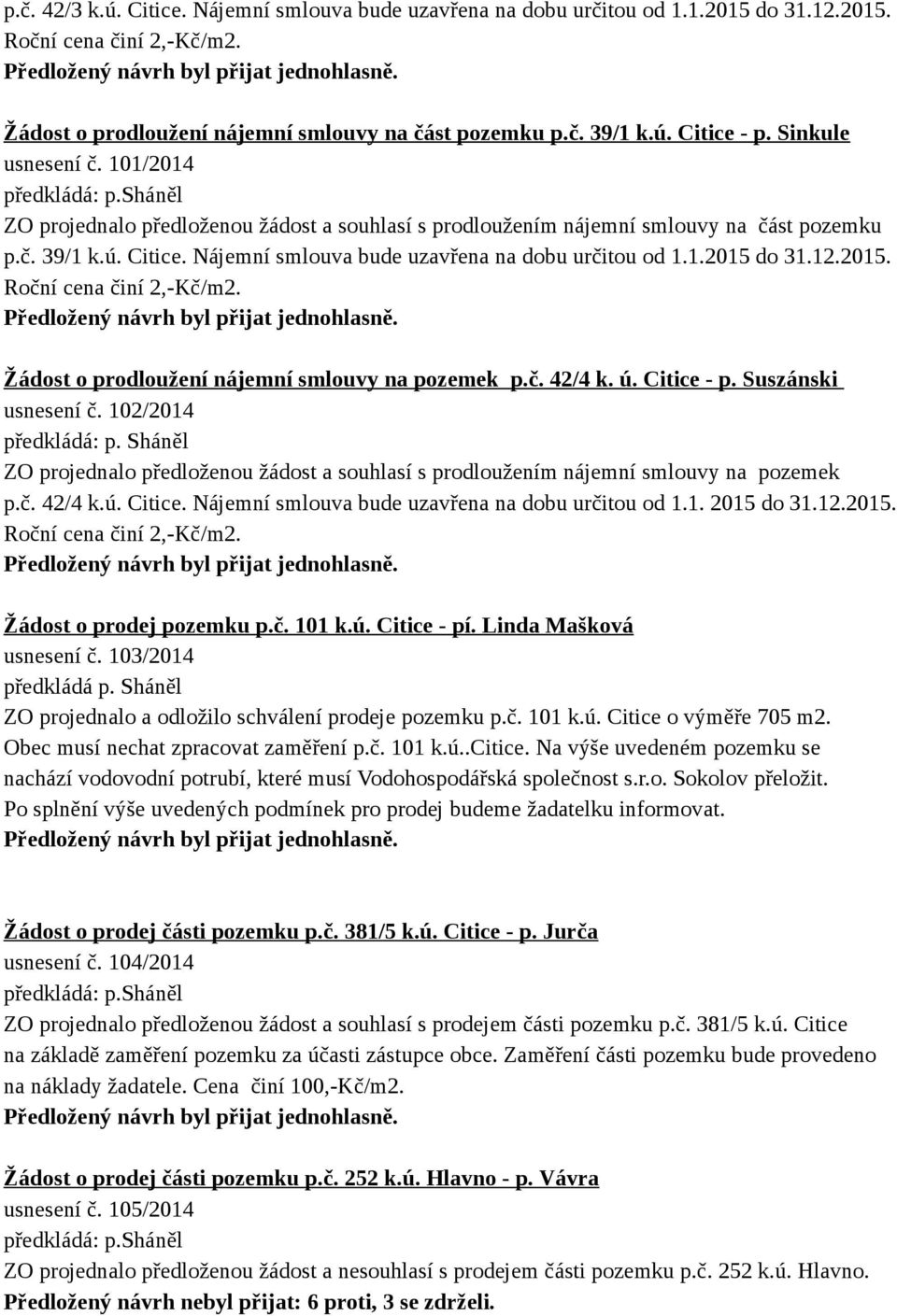 12.2015. Žádost o prodloužení nájemní smlouvy na pozemek p.č. 42/4 k. ú. Citice - p. Suszánski usnesení č.