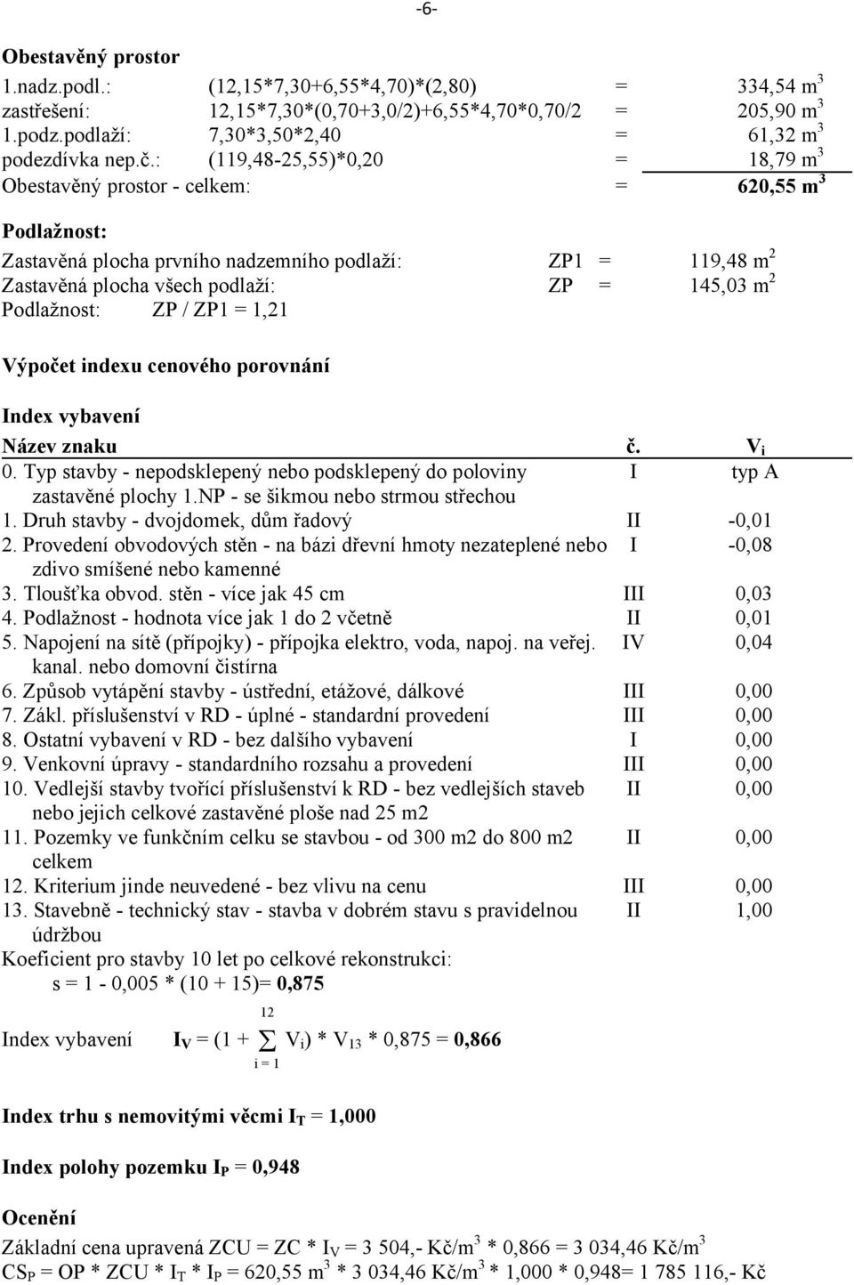 m3 620,55 m3 119,48 m2 145,03 m2 ZP1 ZP Výpočet indexu cenového porovnání ndex vybavení znaku 0. Typ stavby - nepodsklepený nebo podsklepený do poloviny zastavěné plochy 1.
