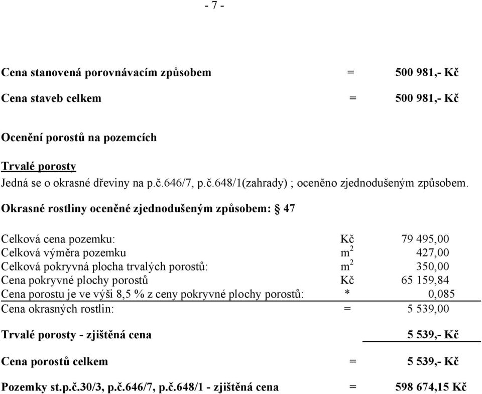 Okrasné rostliny oceněné zjednodušeným způsobem: 47 Celková cena pozemku: Celková výměra pozemku Celková pokryvná plocha trvalých porostů: Cena pokryvné plochy porostů